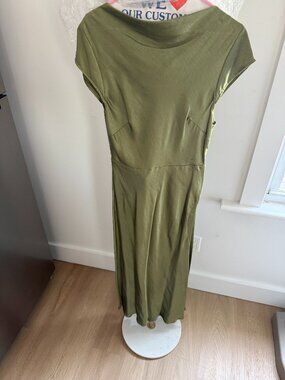 Olive Green Satin Cowl Neck Cap Sleeve Midi Dress